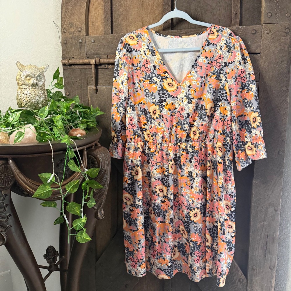 SHEIN Floral V-Neck A-Line Dress 3X Multicolor Elastic Waist Casual | PTP 20 |